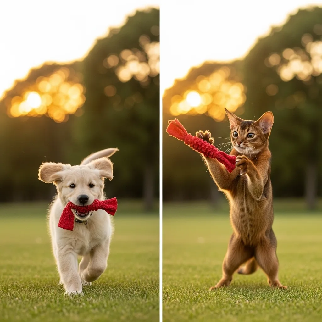 Abyssinian cat vs golden retriever playing fetch – visual proof of canine traits in cats