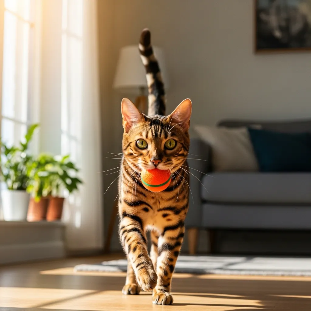 Bengal cat fetching a toy ball like a dog – classic dog-like cat behavior