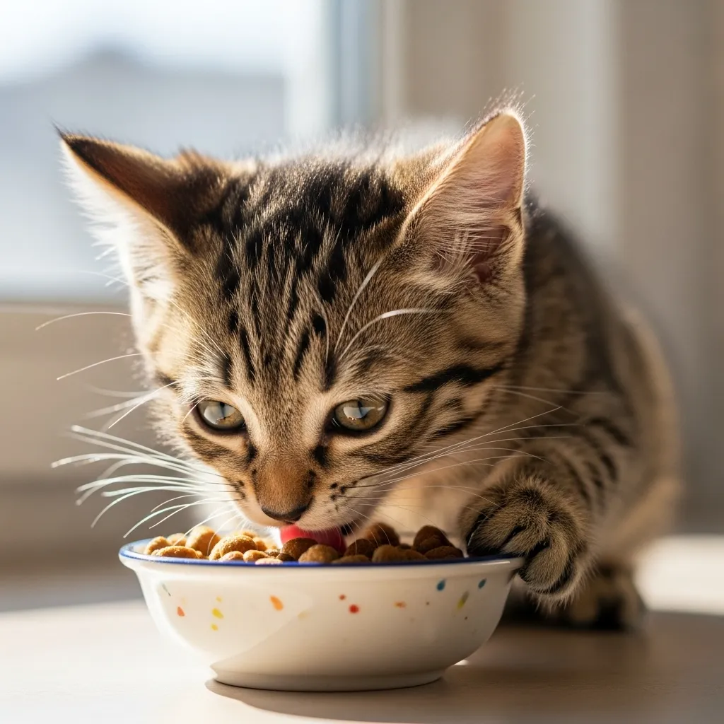 Kitten happily eating high-quality chicken meal based kibble