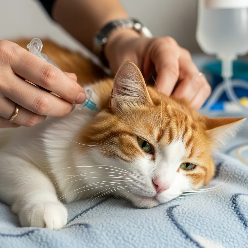  Owner giving subcutaneous fluids at home to cat with chronic kidney disease – common and life-extending treatment