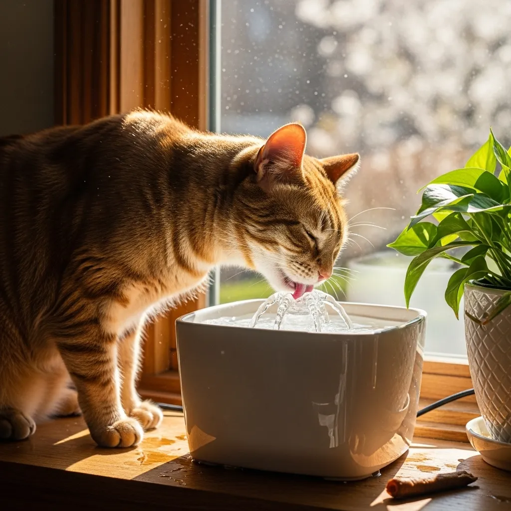 Senior cat staying hydrated with CKD using a water fountain – essential for managing kidney disease in cats