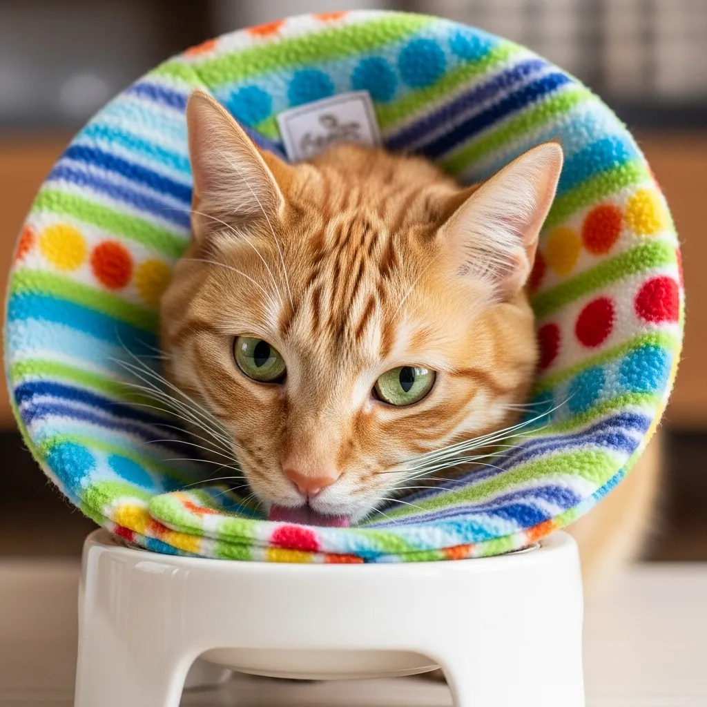 How to pad a cat cone for comfort and proper feeding setup during recovery