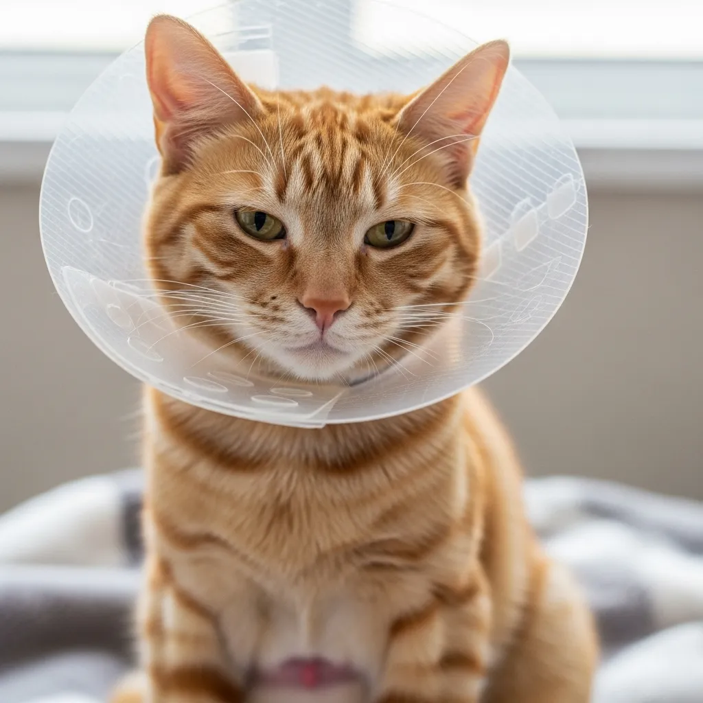 Cat wearing cone 5 days after spay surgery – incision healing normally with minimal redness
