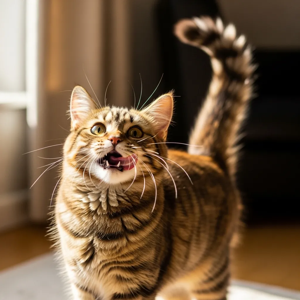 Cat trilling with tail up showing friendly greeting behavior
