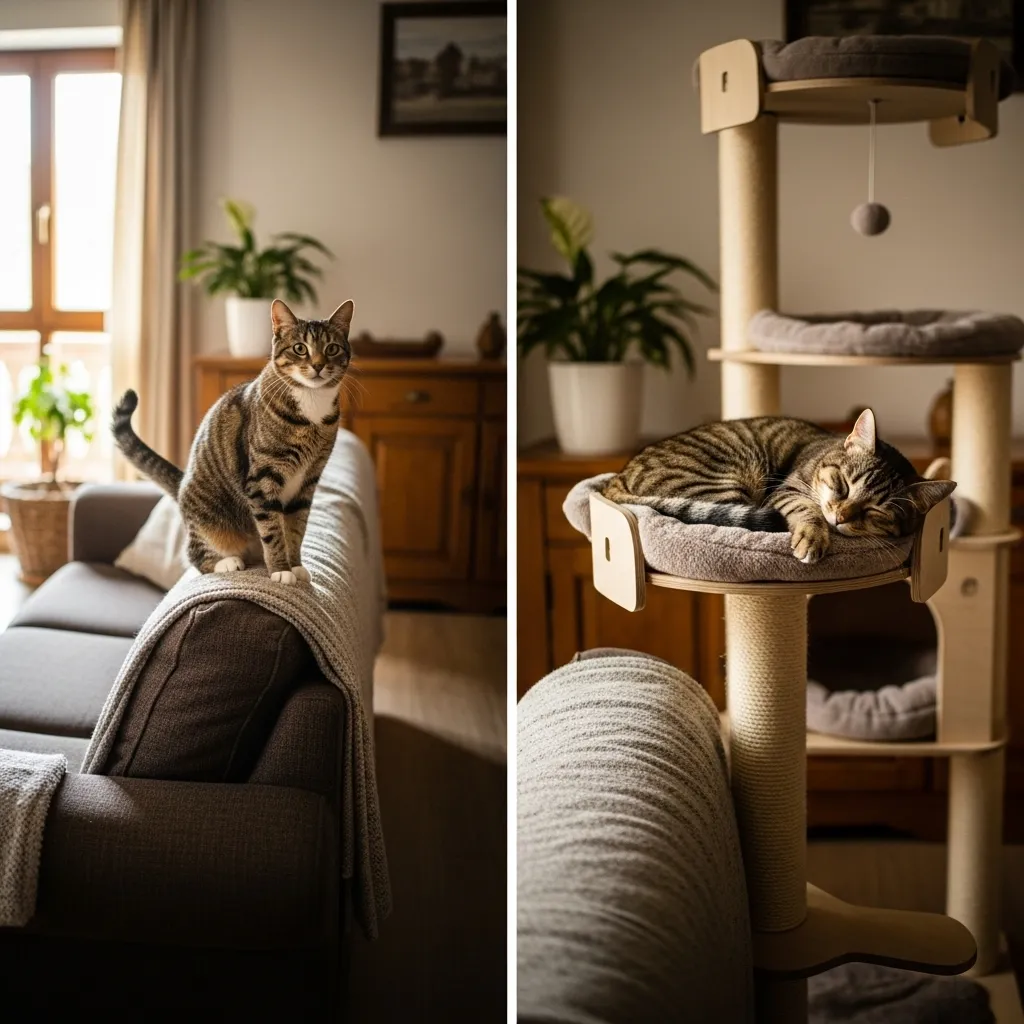Cat choosing between couch and cat tree – showing height and comfort are the real attractors