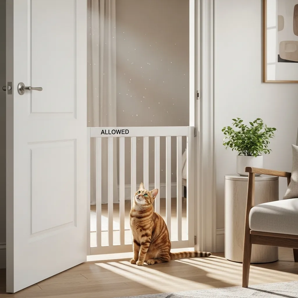  Tall pet gate successfully keeping cat out of bedroom while maintaining open, airy feel