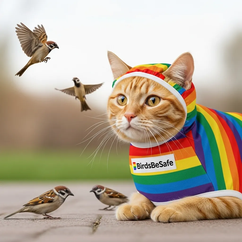 Cat wearing BirdsBeSafe collar cover allowing birds to escape hunting