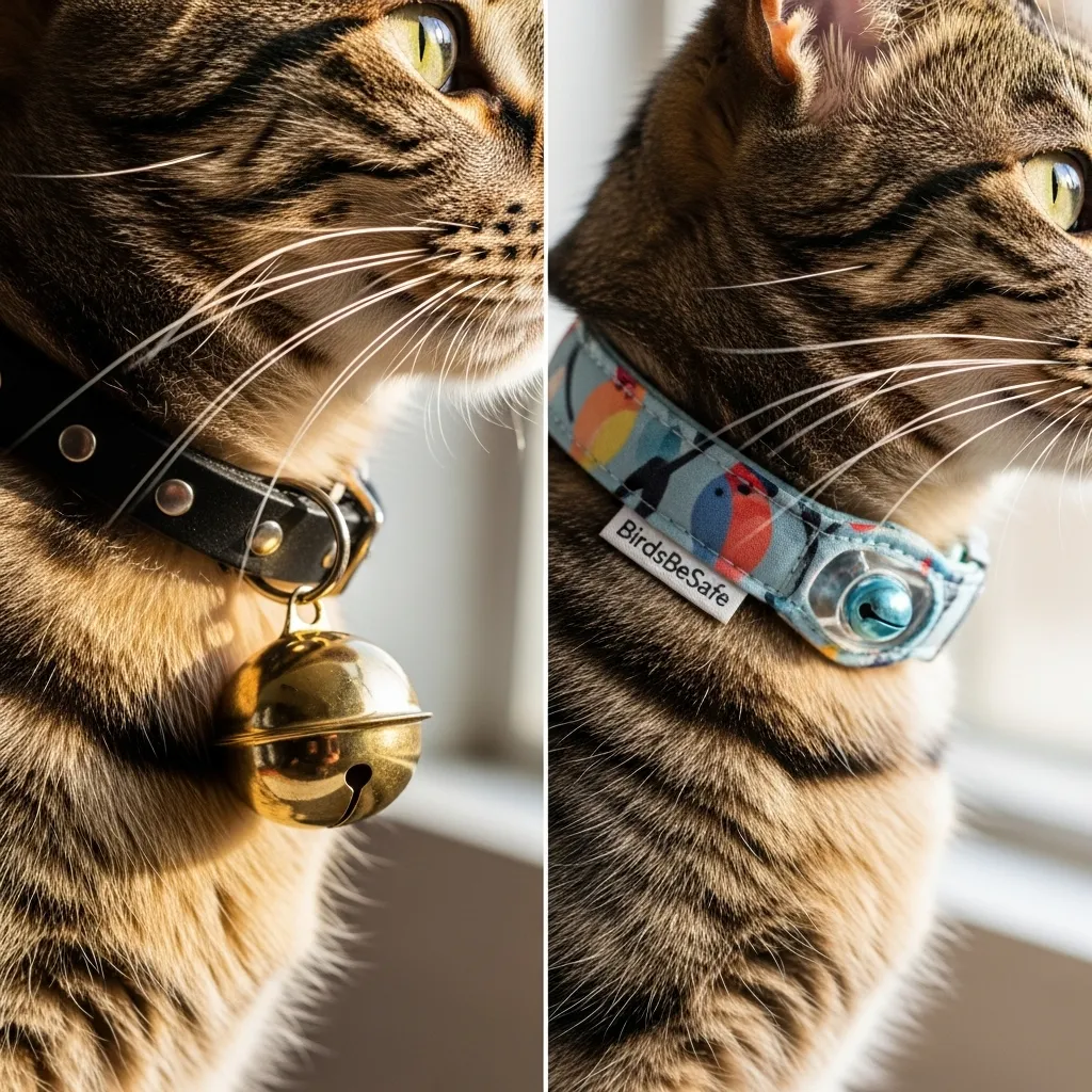 Classic bell collar vs modern bird-saving cat collar with muted sound on a curious tabby cat