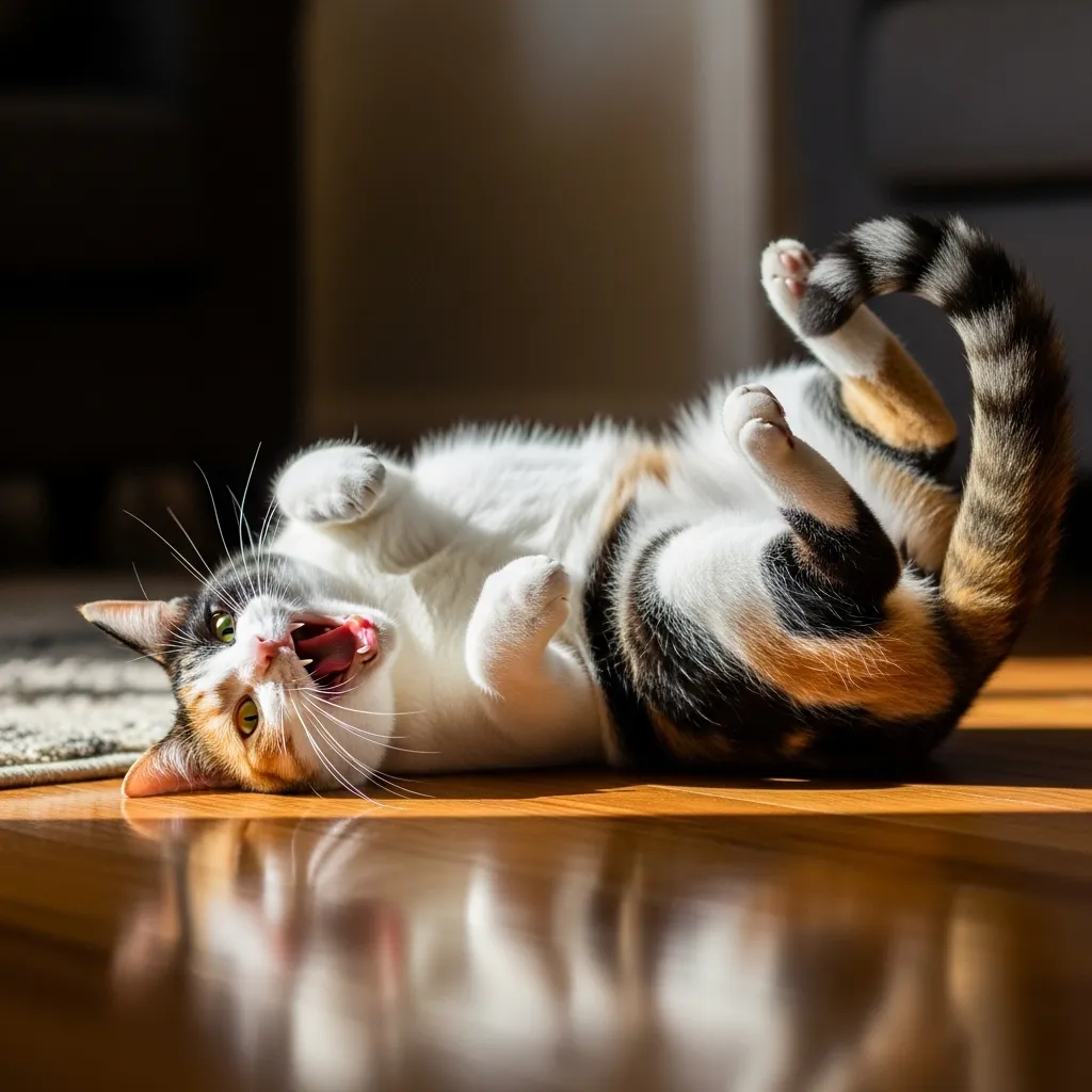 Female cat rolling on floor while meowing to show heat behavior