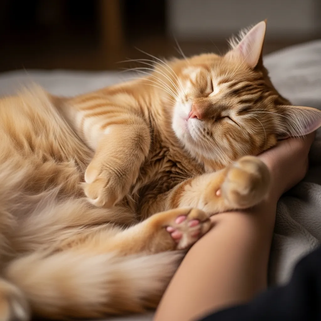Cat sleeping belly up next to owner – strongest sign of trust and love