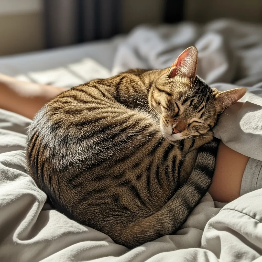 Tabby Cat Curls up next to owner showing deep trust and comfort