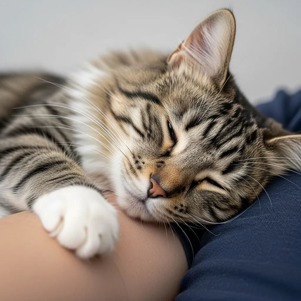 Cat purring in sleep meaning relaxation and bonding.]