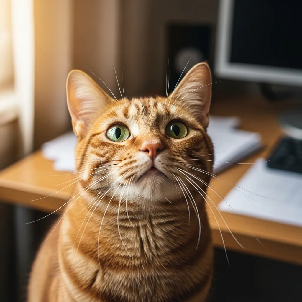  Cat staring lovingly at owner while working – common sign of feline affection and attachment