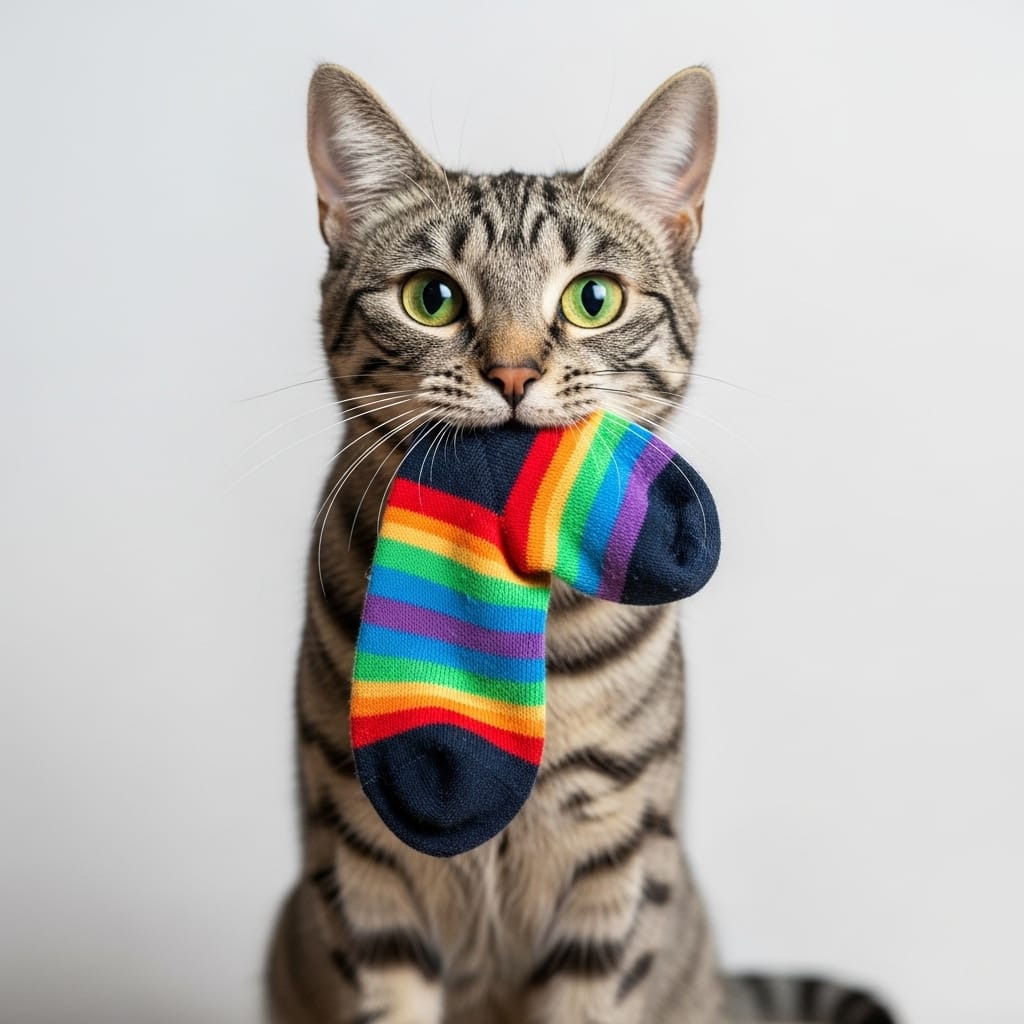  Cat bringing sock as gift to owner – classic hunting presentation behavior