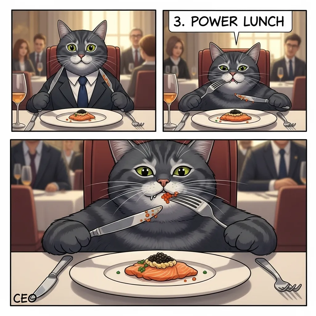 Consistent AI cat character ‘Mr. Whiskers’ from morning coffee to bedtime, created in Leonardo Phoenix”