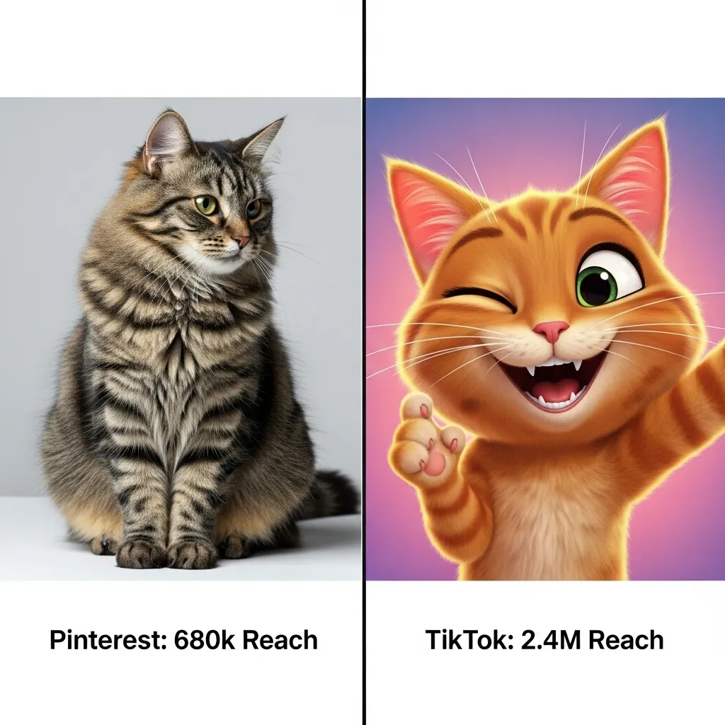 Image Placement Suggestion 3
Side-by-side comparison: same prompt in realistic vs. cartoon style, showing reach difference (realistic got 680k on Pinterest, cartoon got 2.4M on TikTok).