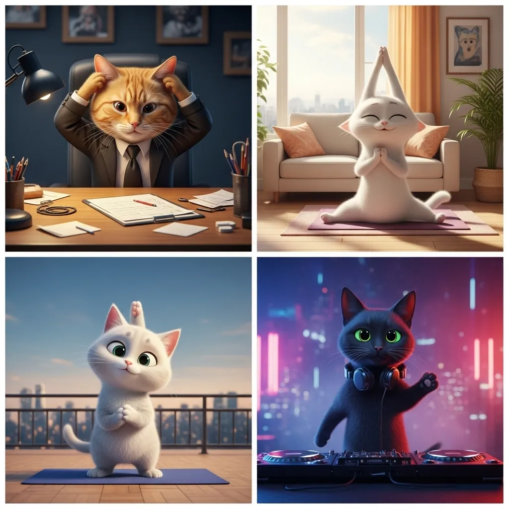 “Photorealistic orange tabby cat in business suit at desk, frustrated with spreadsheet, Canon 5D style, dramatic office lighting”“Cute cartoon white cat doing yoga in sunny living room, Pixar style, soft pastel colors”“Hyper-realistic black cat DJing at rooftop party, neon lights, smoke, cinematic”
Alt text: “Examples of AI generated cats doing human things created with Flux, Midjourney, and Leonardo in 2025”