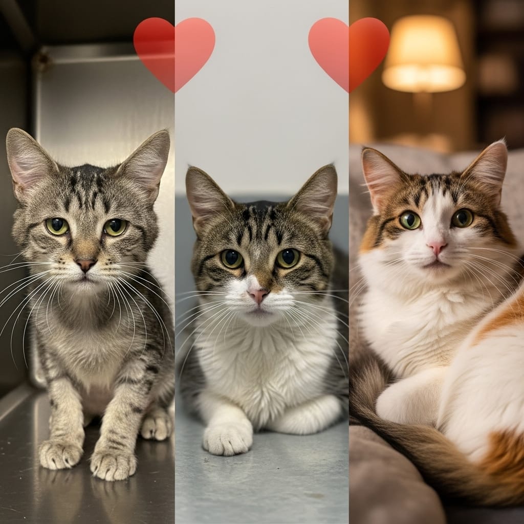 Three-panel rescue cat glow up collage showing extreme before and after transformations with heart emoji overlay”