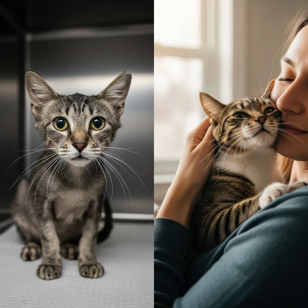 Dramatic rescue cat glow up before and after split image: left side shows scared feral kitten with ribs visible hiding in corner, right side shows same cat one year later fluffy and sleeping on owner’s chest”
