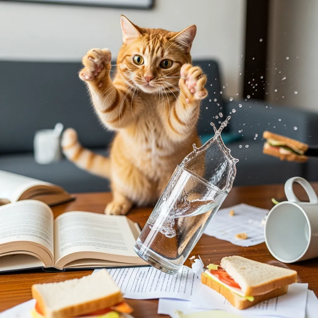 Funny cat knocking over glass in chaotic behavior.]