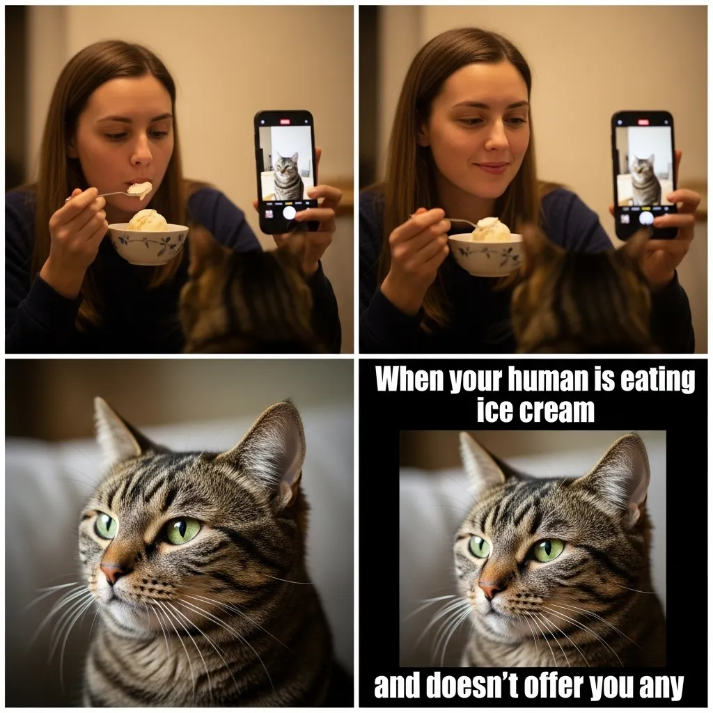  How to film your own cat side-eye meme – real example of judgy cat reaction while owner eats without sharing