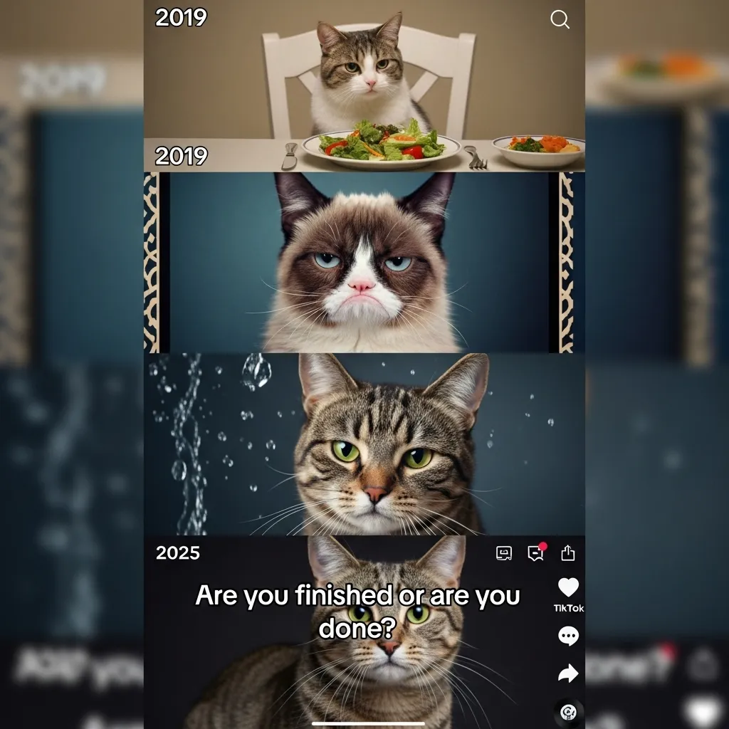 Evolution of silent judgment cat memes from 2019 viral Smudge table cat to 2025 cat POV side-eye videos