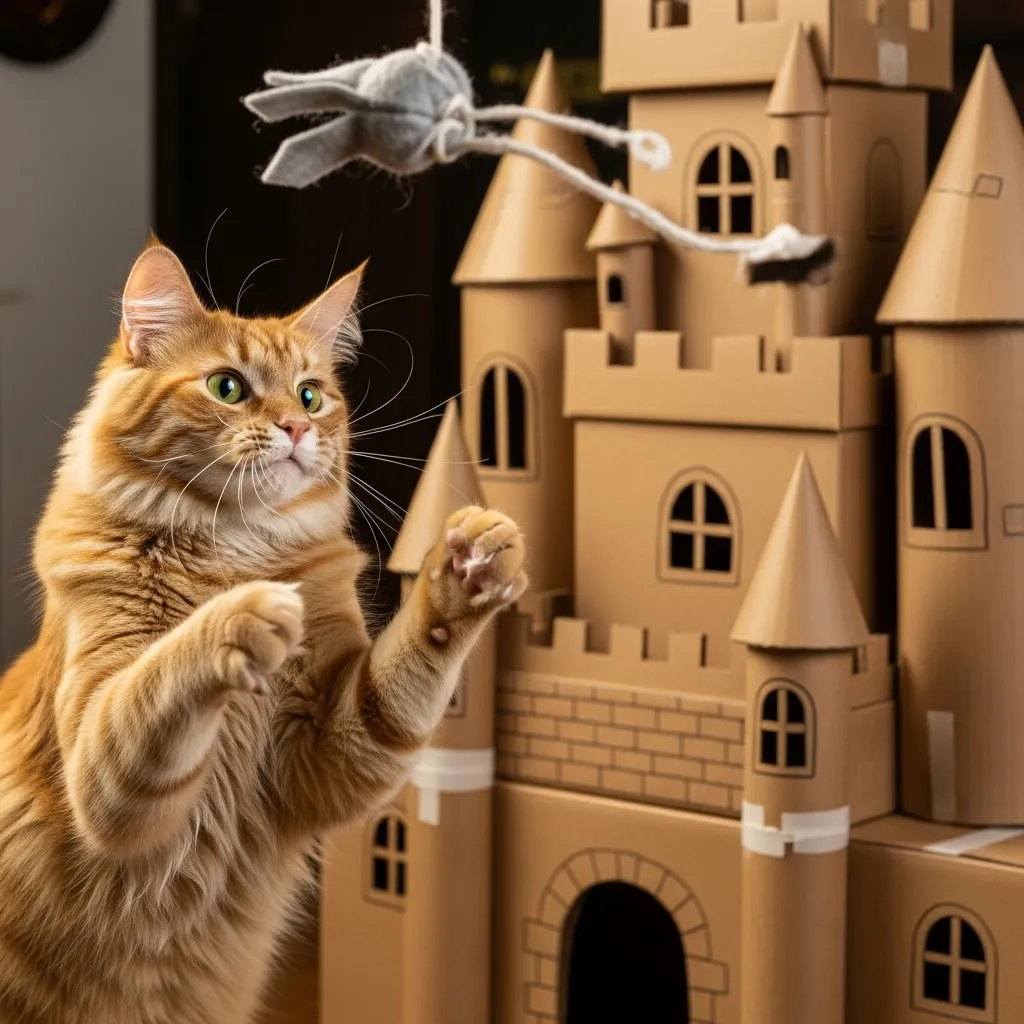 A cat playing with a homemade felt toy, demonstrating fun and easy eco-friendly DIY cat enrichment.