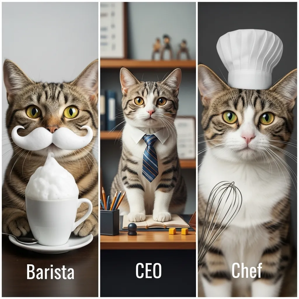 Collage of funny cat memes: a barista cat, a CEO cat in a tie, and a chef cat with a hat.