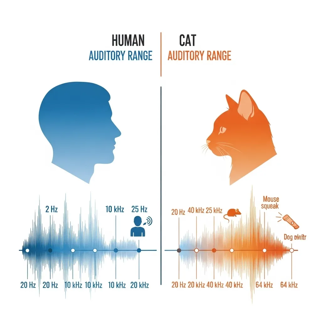 Infographic comparing human and cat hearing ranges, visualizing cats' ability to hear ultrasonic frequencies.