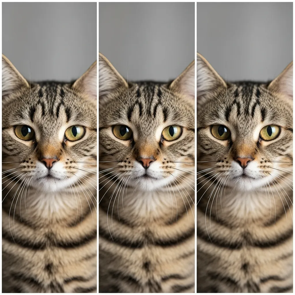Photo series showing how cat whisker positions indicate different moods: curious, alert, and fearful.