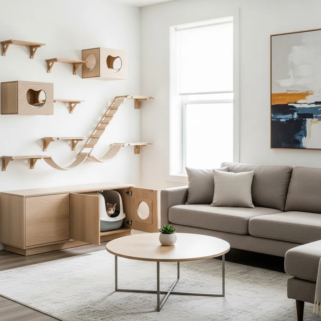 Minimalist cat-friendly living room featuring a discreet hidden litter box.]