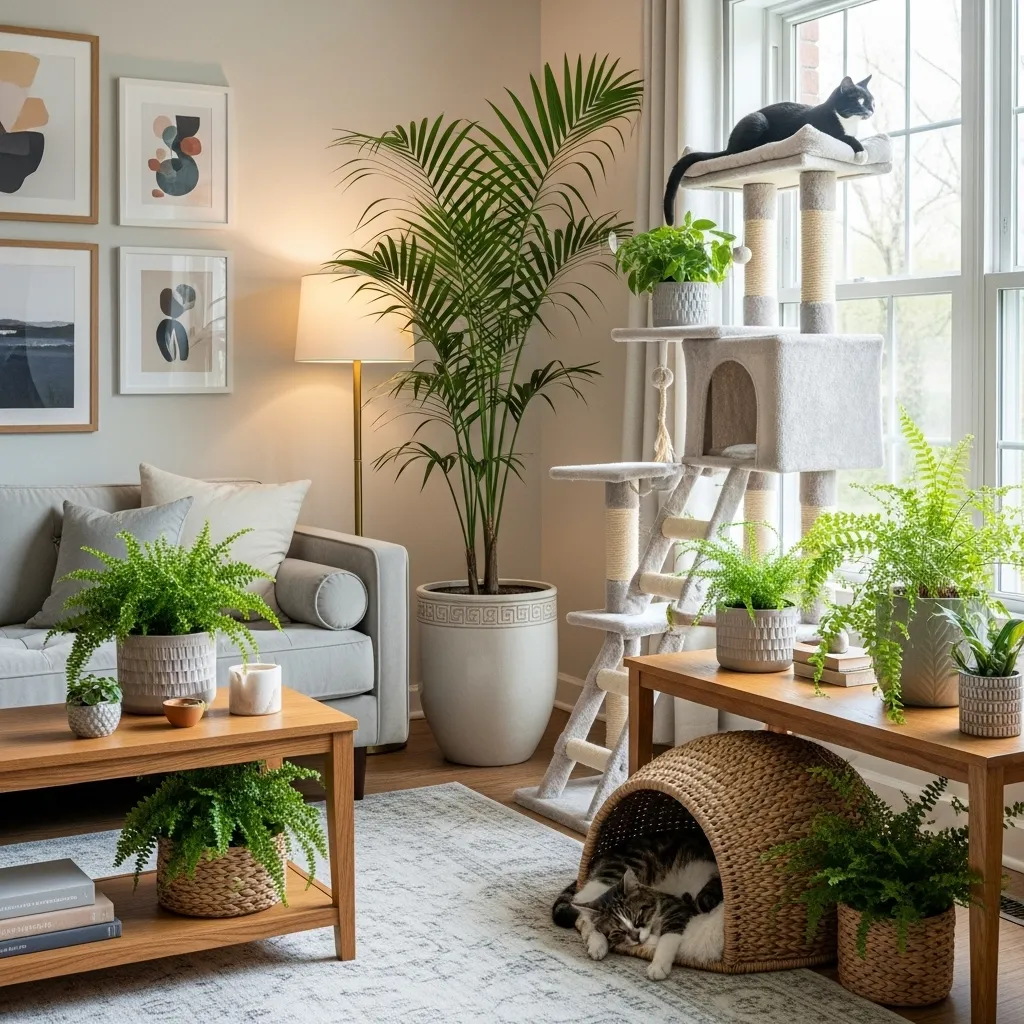 Stylish cat-friendly room with safe indoor plants adding greenery and freshness.]