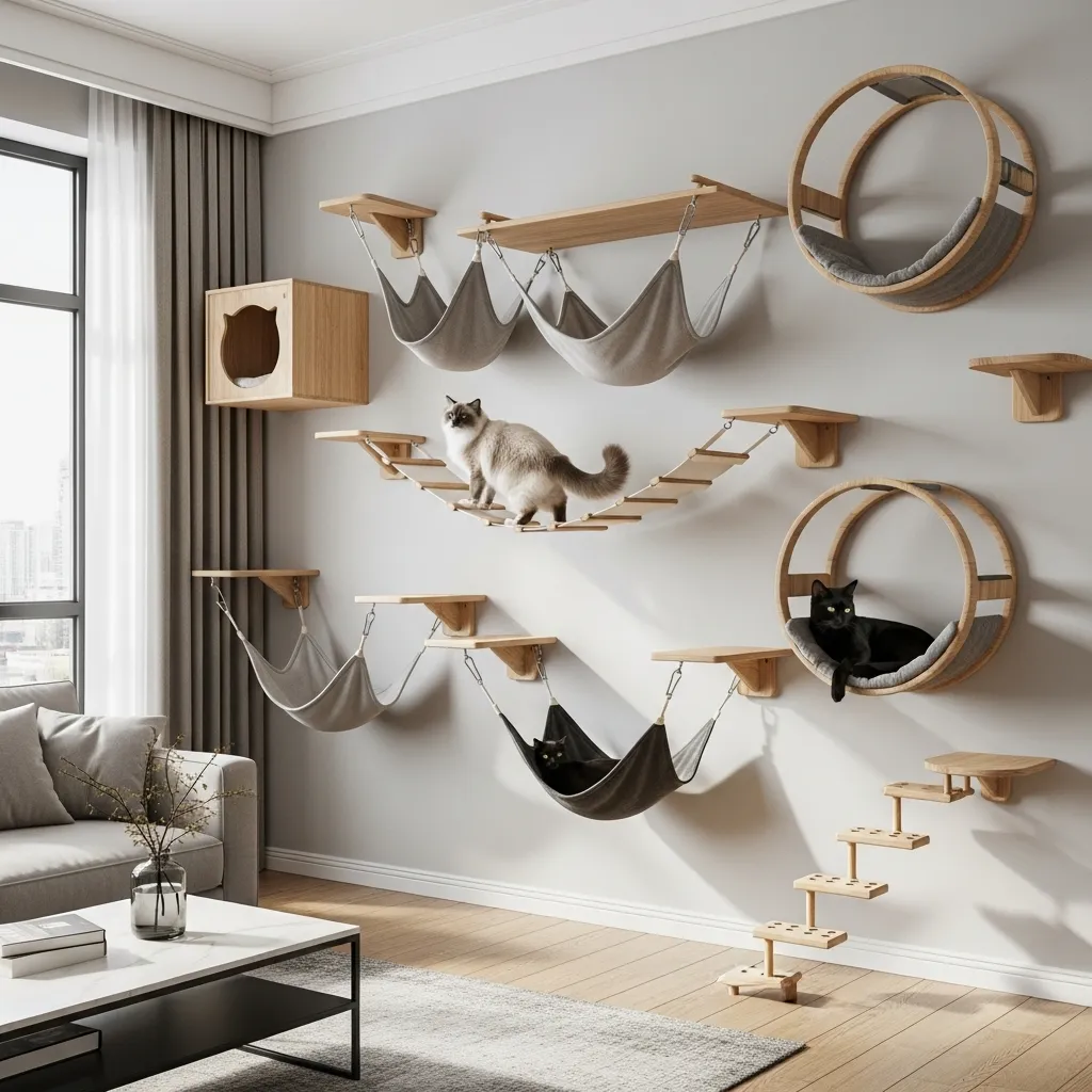DIY cat wall climbing system featuring bridges and hammocks for vertical enrichment.]