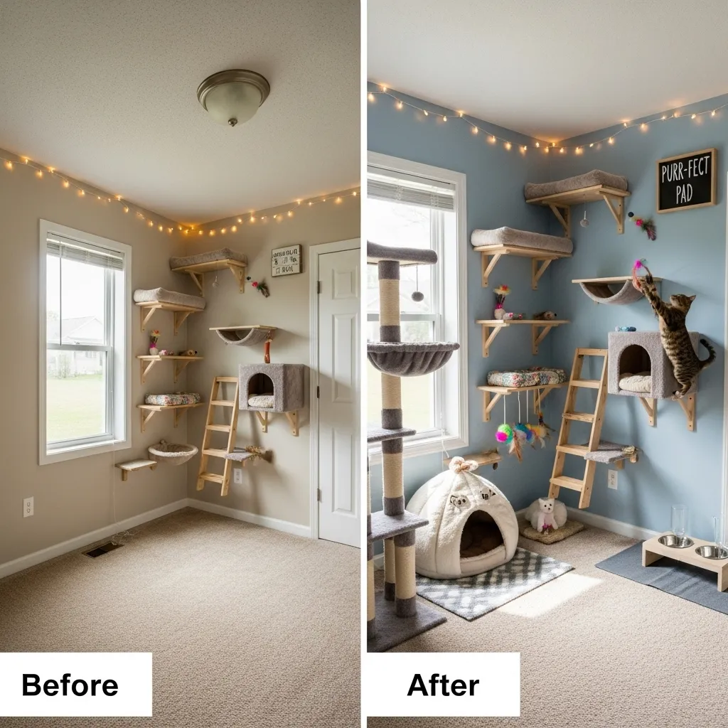  Before and after cat room makeover transforming a basic space into an enriched feline haven.