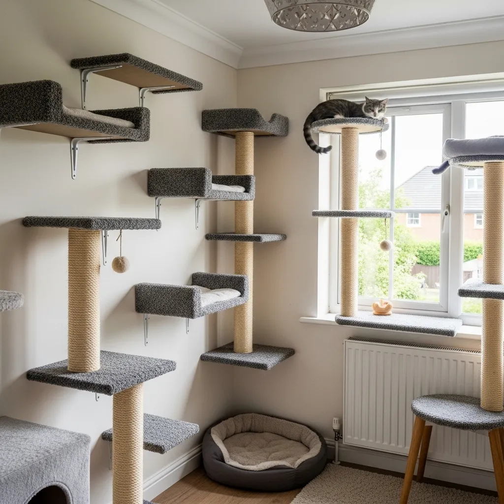  Cozy dedicated cat room featuring wall shelves, scratching posts, and a window perch for ultimate feline comfort.]