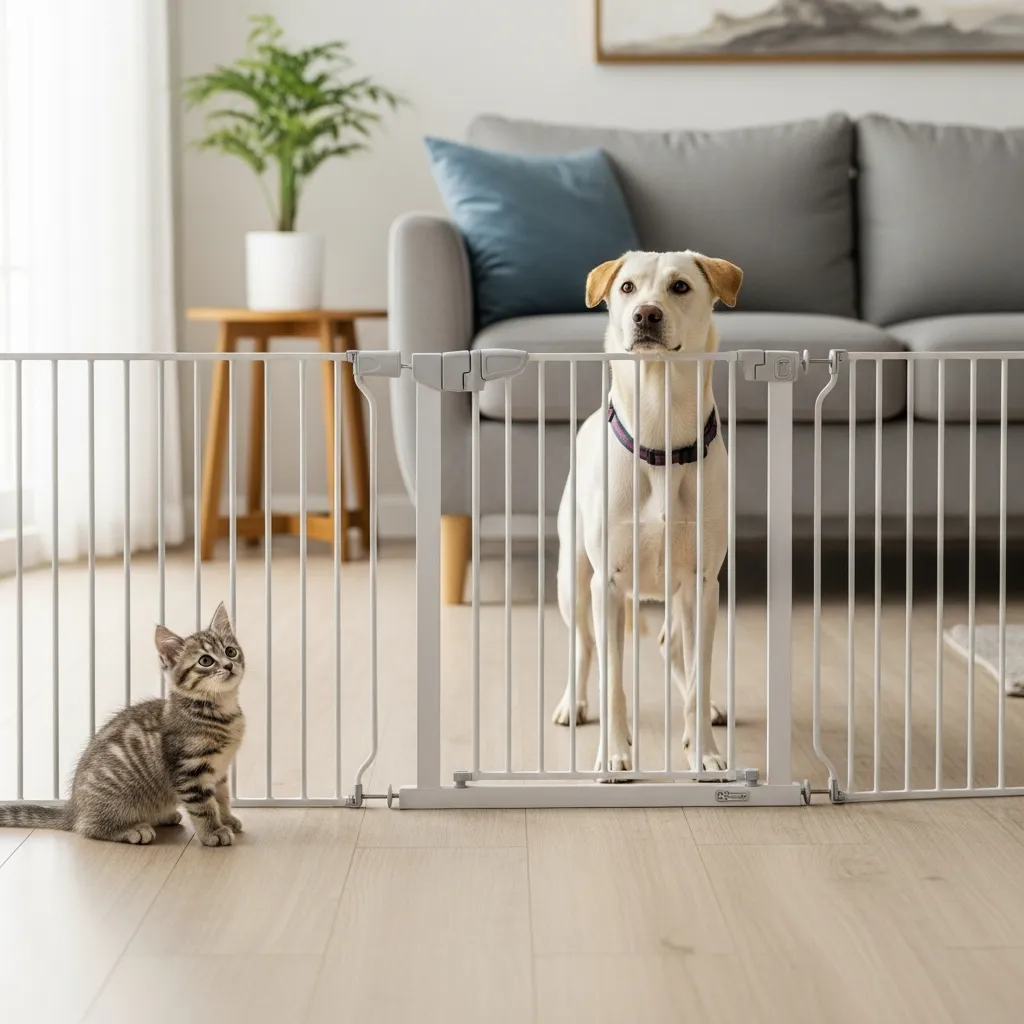 Secure barrier introduction between kitten and dog.
