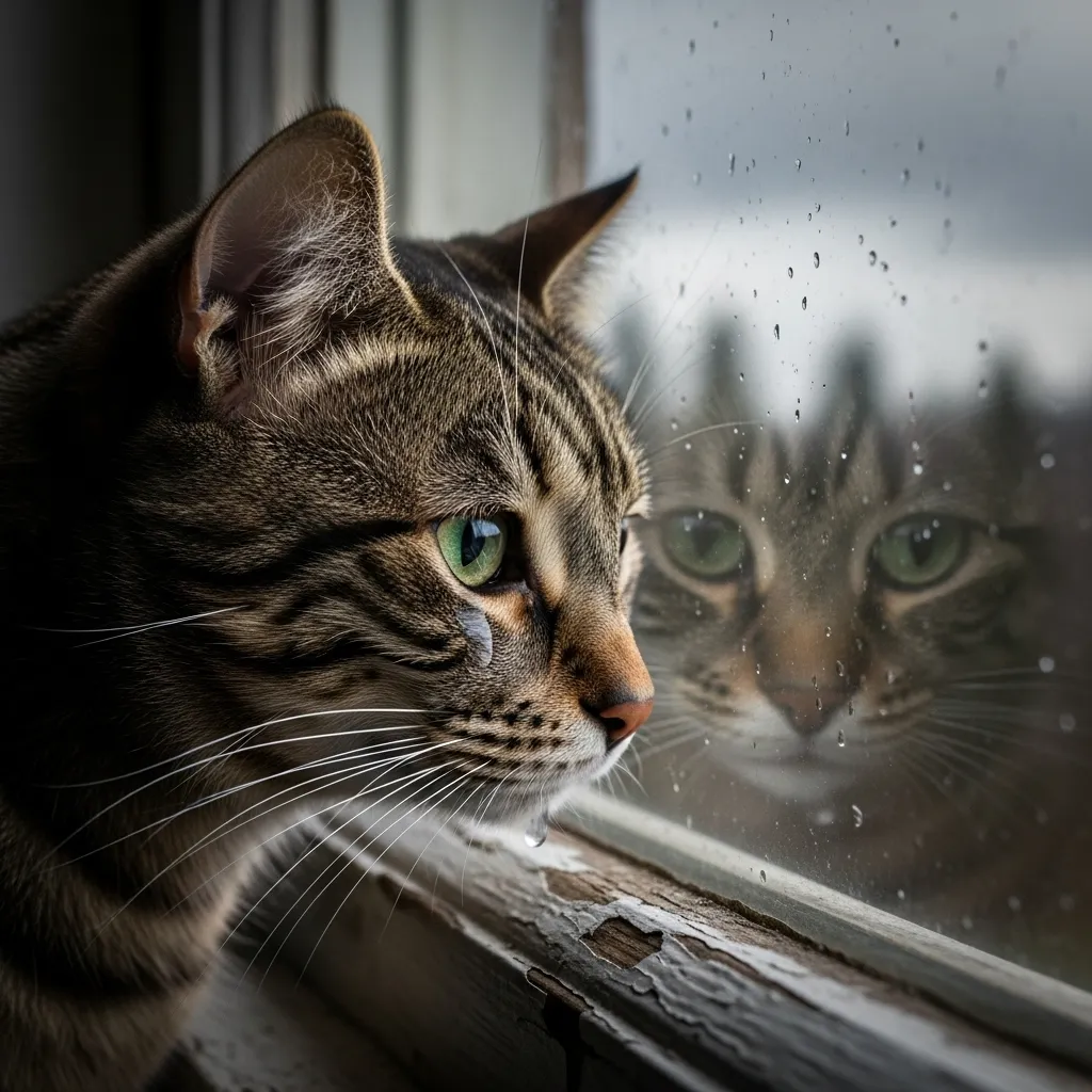 Heartwarming Cat Emotional Moments 5 A cat sitting by the window, appearing thoughtful and missing a lost friend.