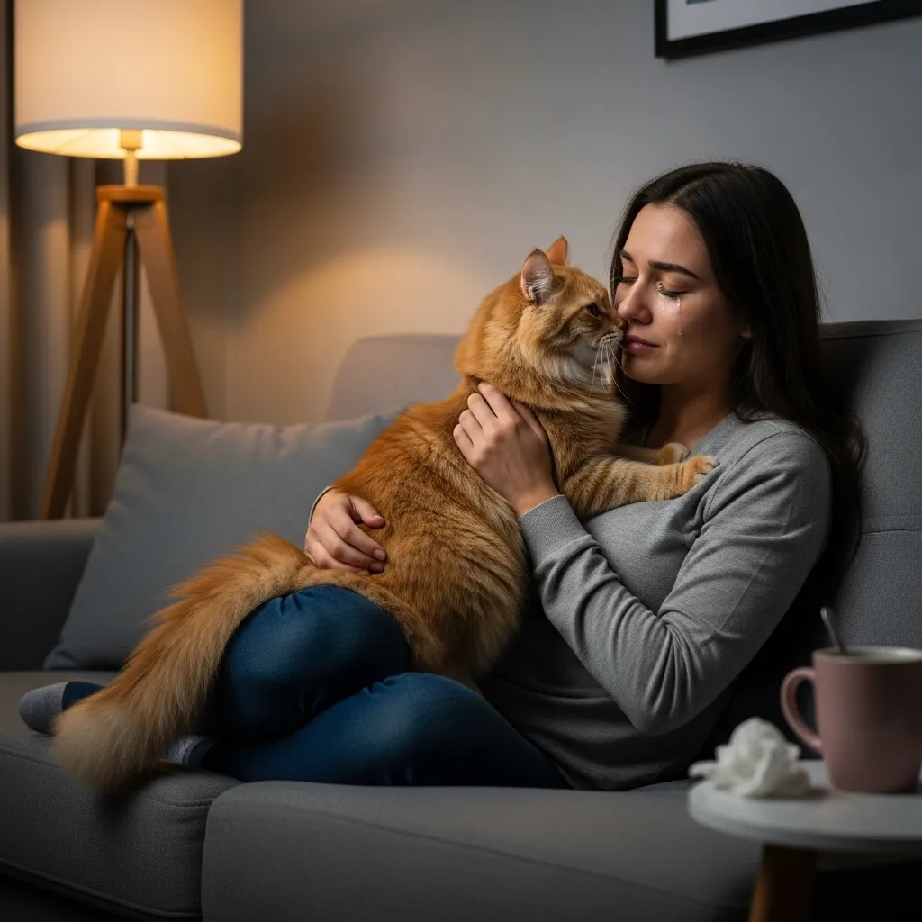 Heartwarming Cat Emotional Moments 4 A compassionate cat gently touching its owner's face during a moment of tears.