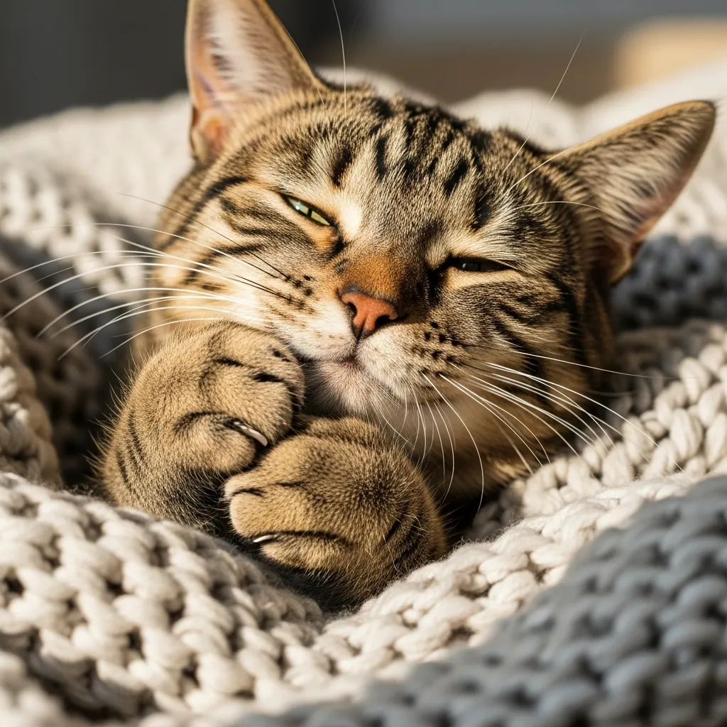 Heartwarming Cat Emotional Moments 2 A contented cat kneading a cozy blanket, eyes softly closed in bliss.