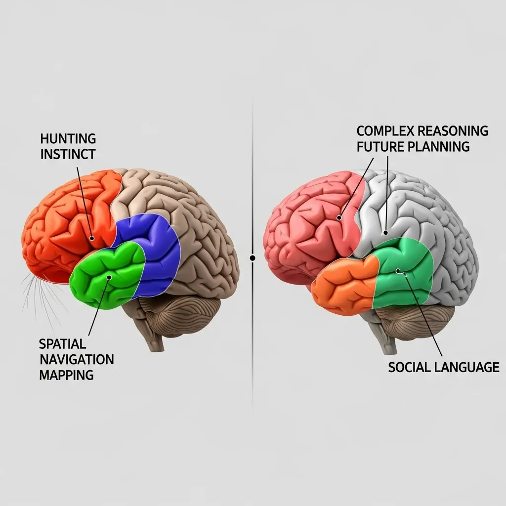 A visual comparison of a cat's instinct-driven brain versus a human's reasoning-driven brain.