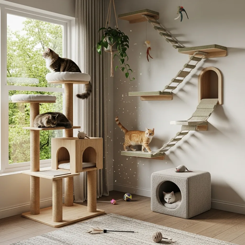 A cat enrichment area showing vertical shelves, a cat tree, and hideaways, demonstrating how to create a stimulating home for a tiny cat.