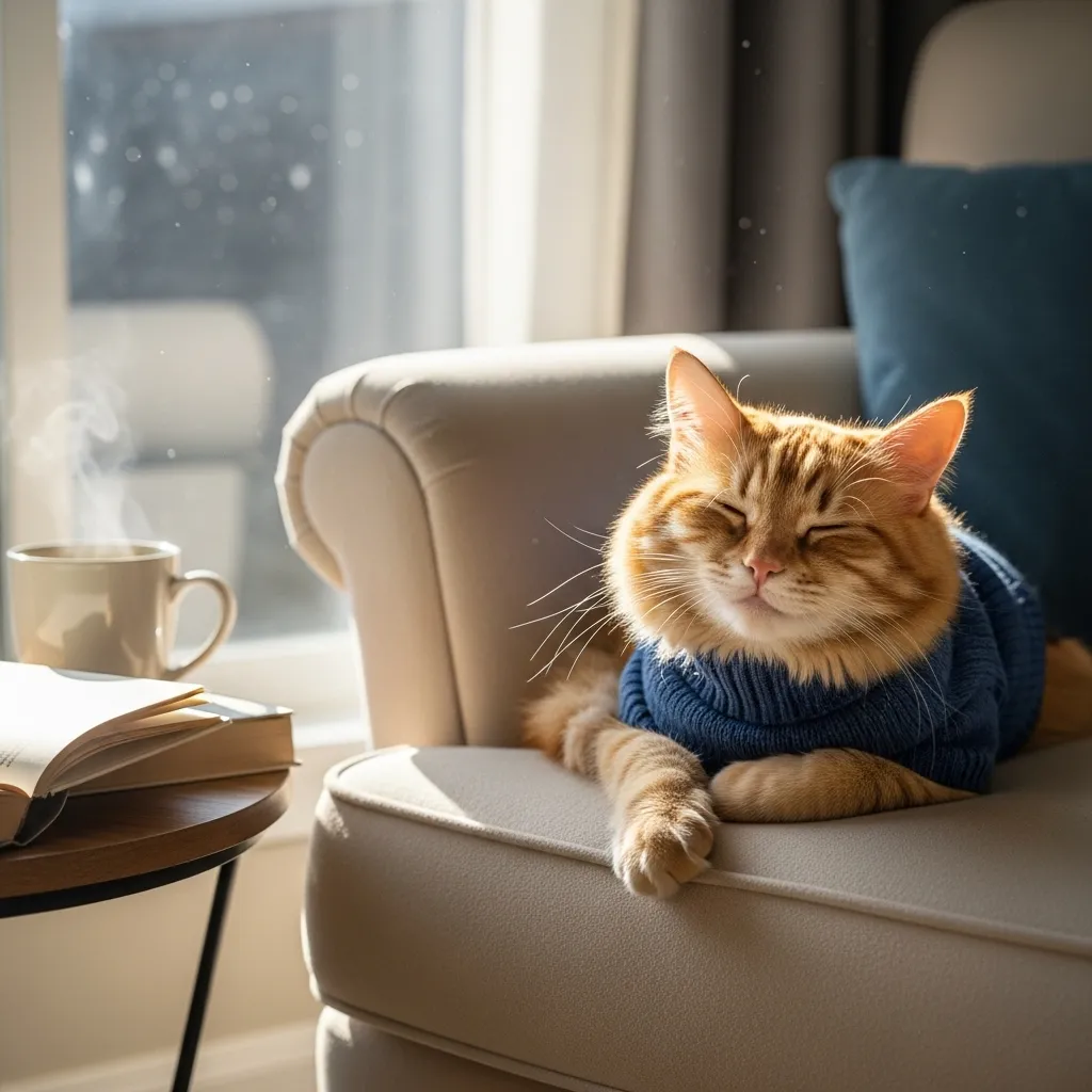 Happy cat wearing comfortable sweater in natural resting position, representing ideal balance of fashion and feline comfort.