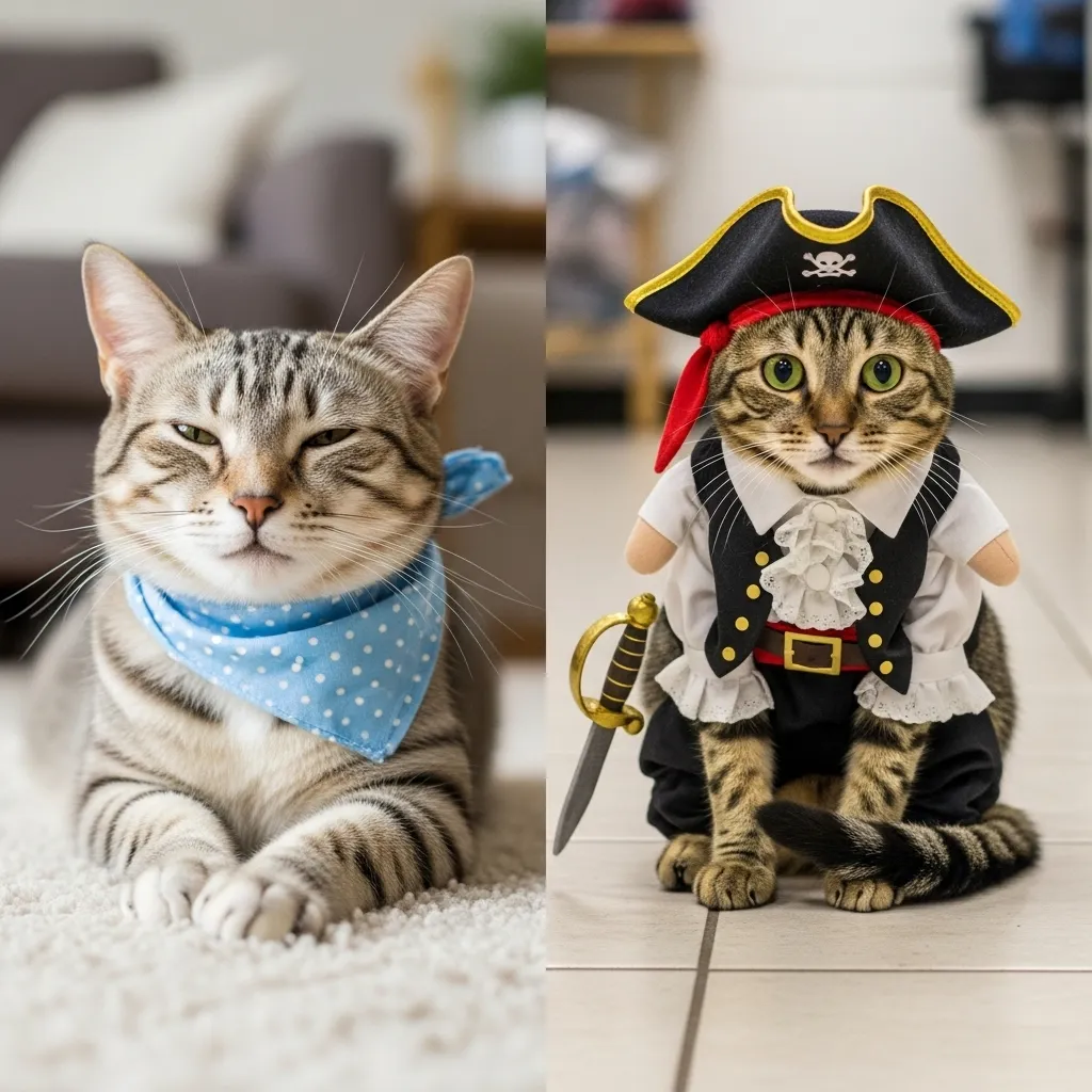 Comparison of cat body language in fashion items - relaxed versus stressed, demonstrating importance of reading feline signals.