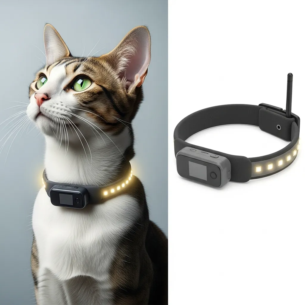 Modern smart cat collar with GPS and LED safety lights, demonstrating functional feline fashion technology.