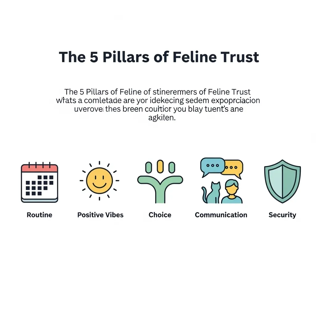 Infographic explaining the five key elements for building trust with a cat: consistency, positive association, choice, communication, and a safe environment.