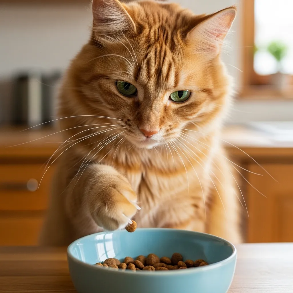 Cat exhibiting finicky eating behavior by using its paw to eat due to whisker fatigue.