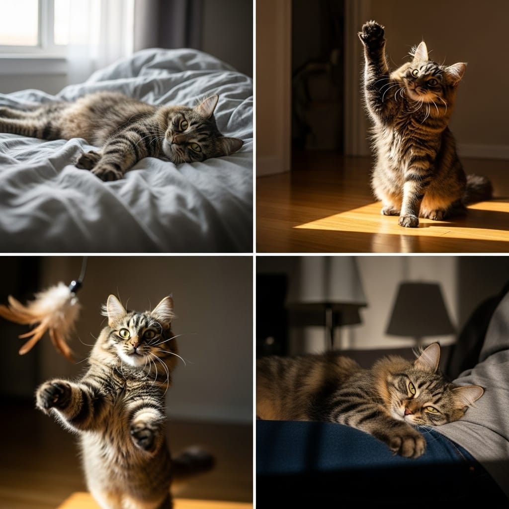 "A visual timeline of common cat daily habits and their meanings throughout the day."