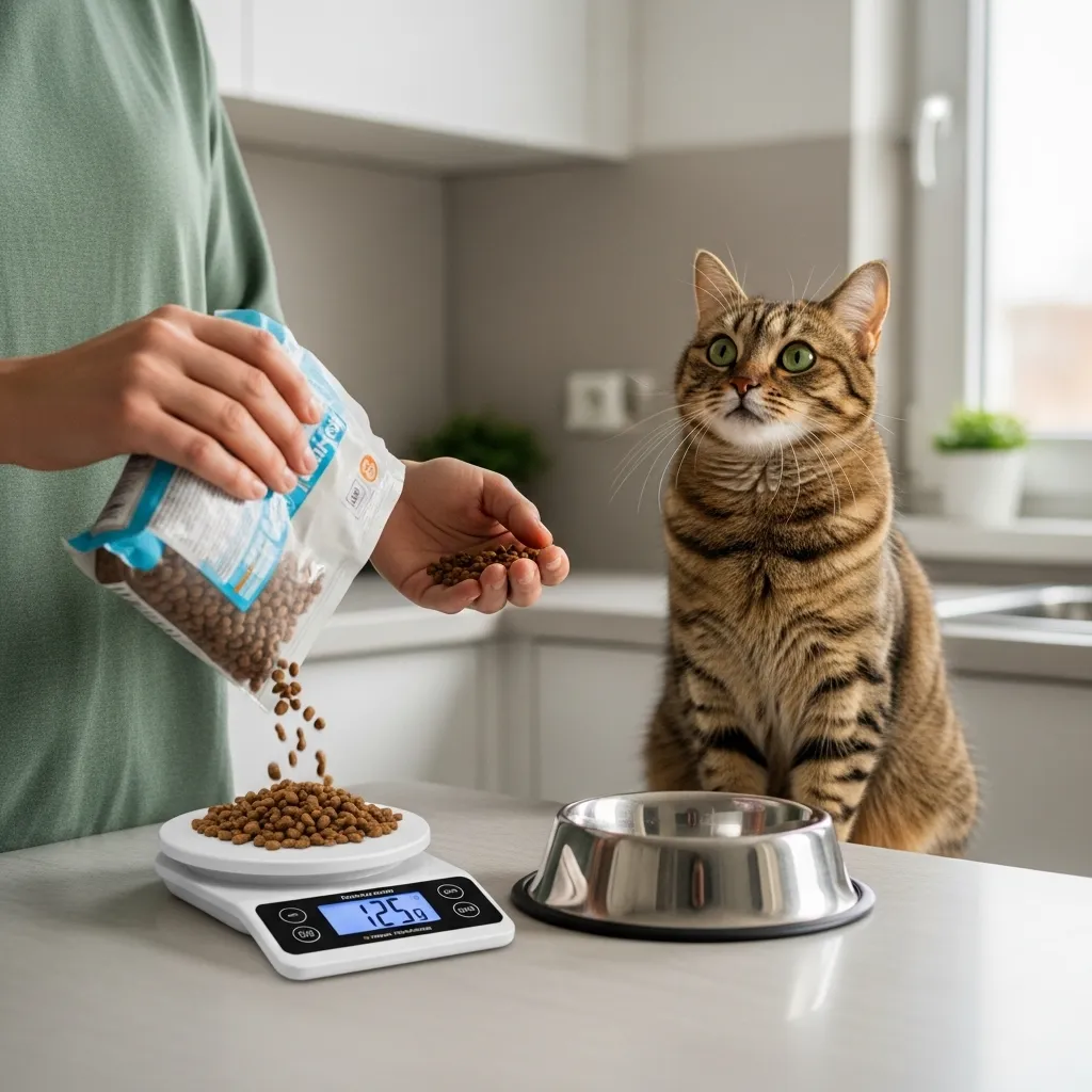 Using a digital kitchen scale to accurately measure a cat's daily food portion for a consistent feeding routine.