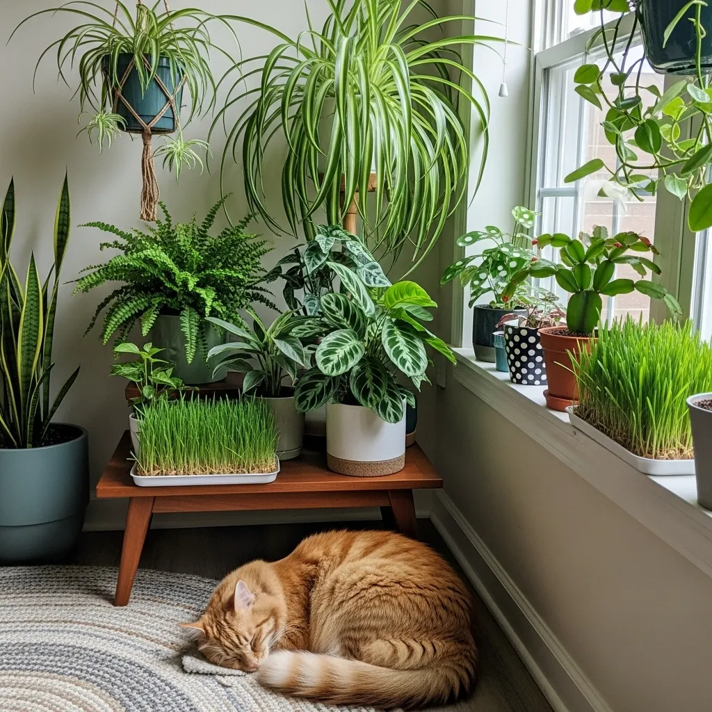 Indoor setup with cat-safe greenery like spider plants. Alt text: Cat-safe indoor plants adding natural sensory enrichment.