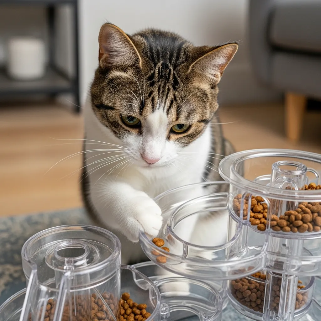  Cat interacting with a puzzle feeder maze. Alt text: Interactive puzzle feeder engaging a cat's hunting instincts.